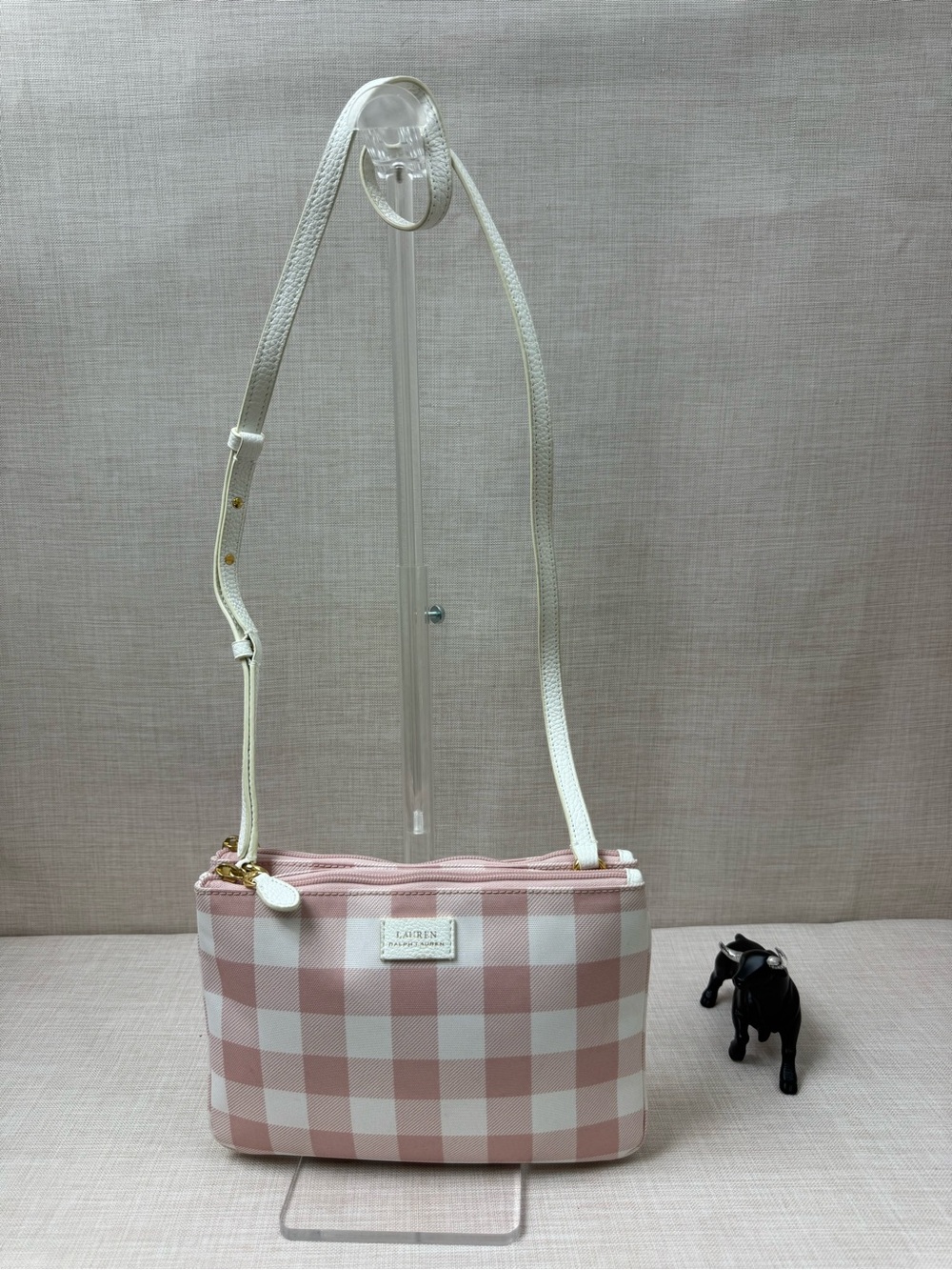 Lauren Ralph Lauren Pink White Gingham Check Double Zip Crossbody Bag.